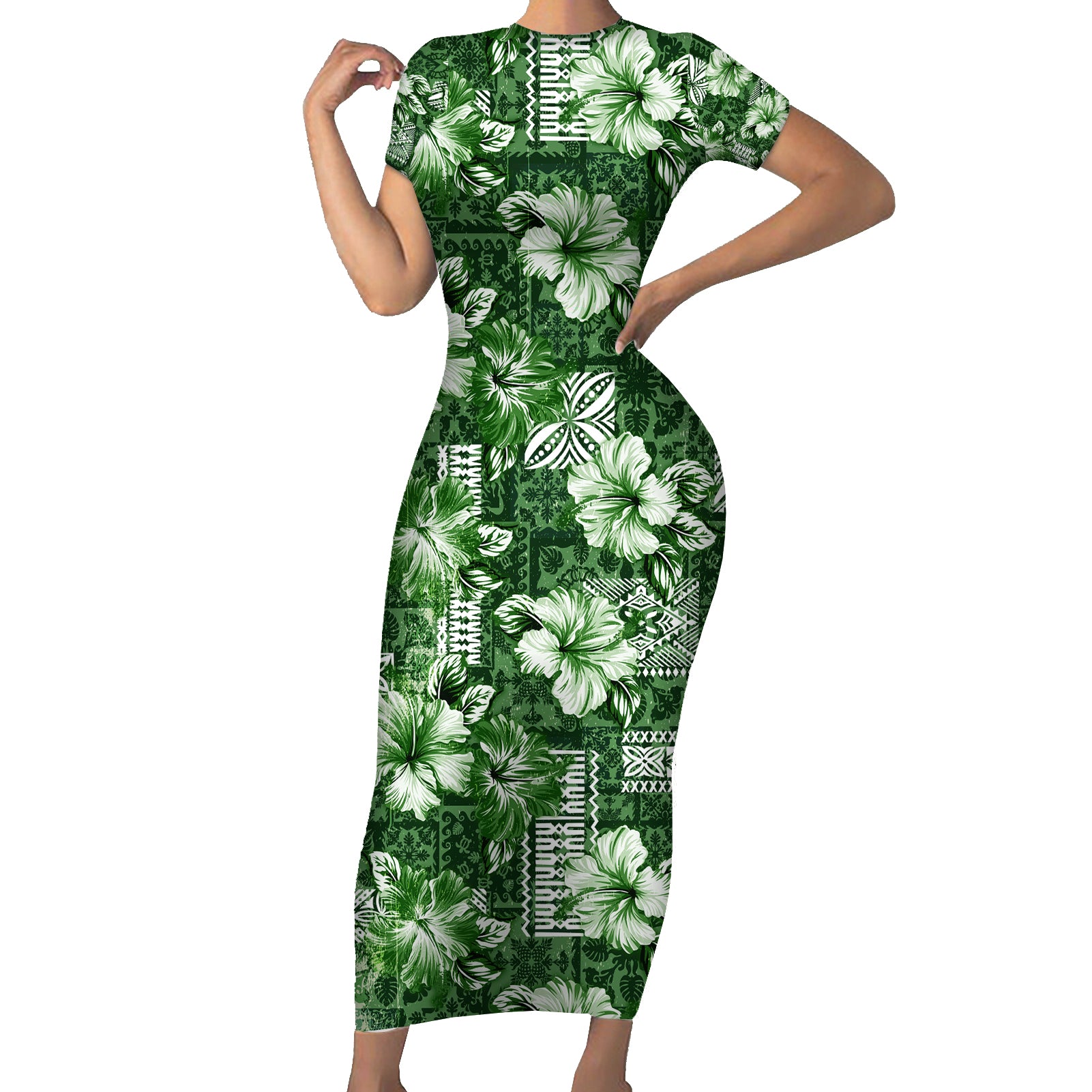 Hawaiian Quilt Pattern Short Sleeve Bodycon Dress Hibiscus and Tribal Element Vintage Green Vibe LT03 Long Dress Green - Polynesian Pride