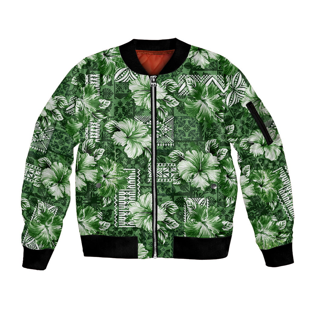 Hawaiian Quilt Pattern Sleeve Zip Bomber Jacket Hibiscus and Tribal Element Vintage Green Vibe LT03 Unisex Green - Polynesian Pride