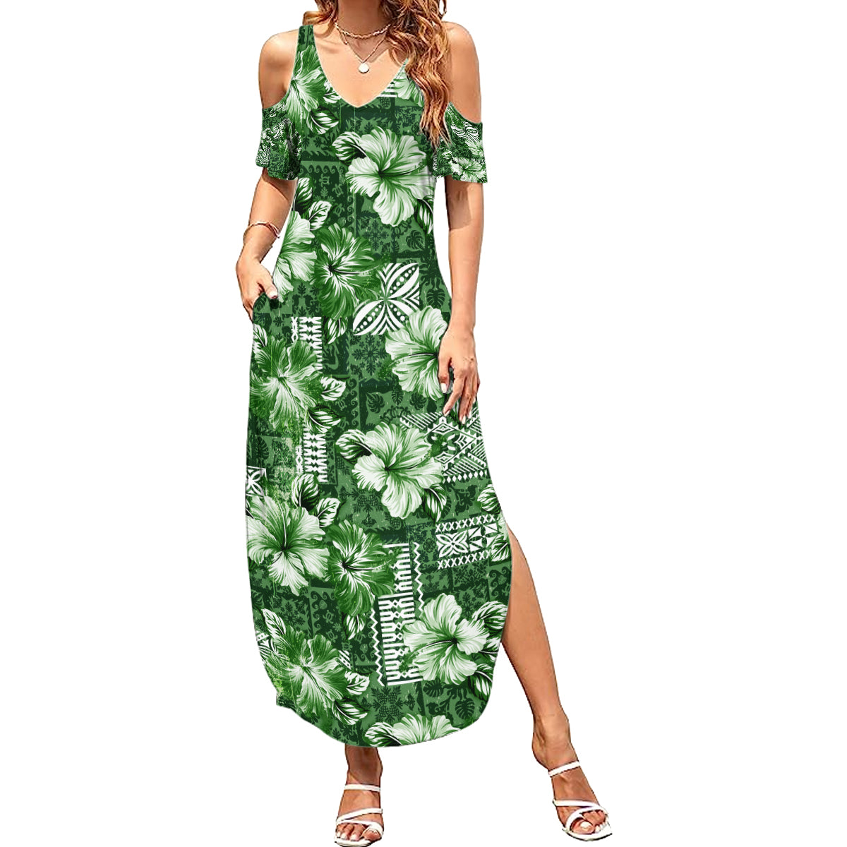 Hawaiian Quilt Pattern Summer Maxi Dress Hibiscus and Tribal Element Vintage Green Vibe LT03 Women Green - Polynesian Pride