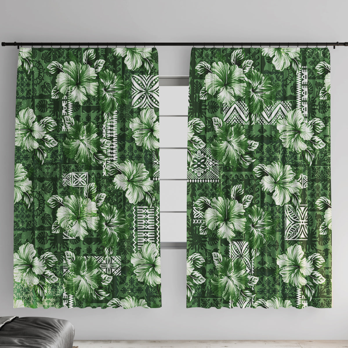 Hawaiian Quilt Pattern Window Curtain Hibiscus and Tribal Element Vintage Green Vibe LT03 With Hooks Green - Polynesian Pride