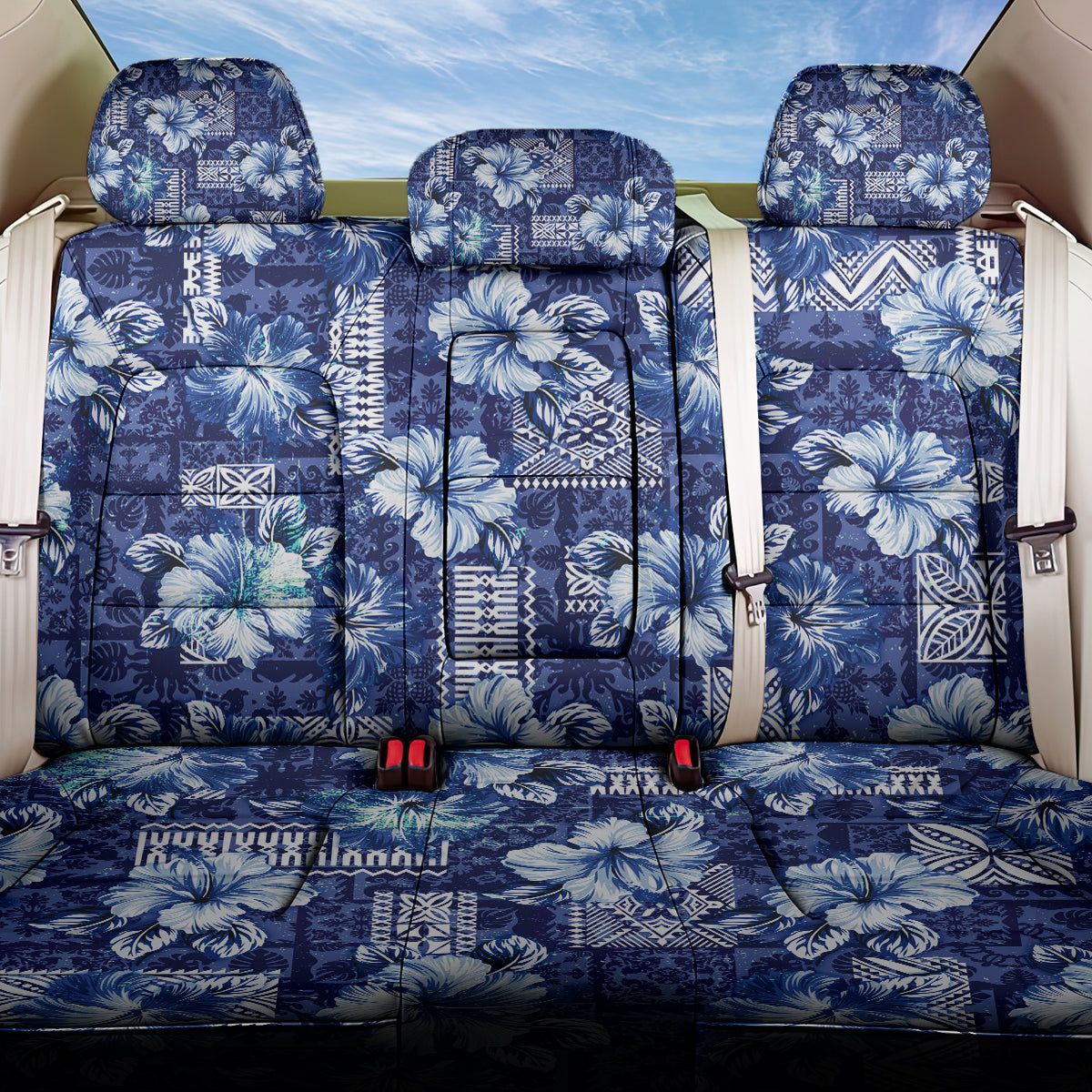 Hawaiian Quilt Pattern Back Car Seat Cover Hibiscus and Tribal Element Vintage Blue Vibe LT03