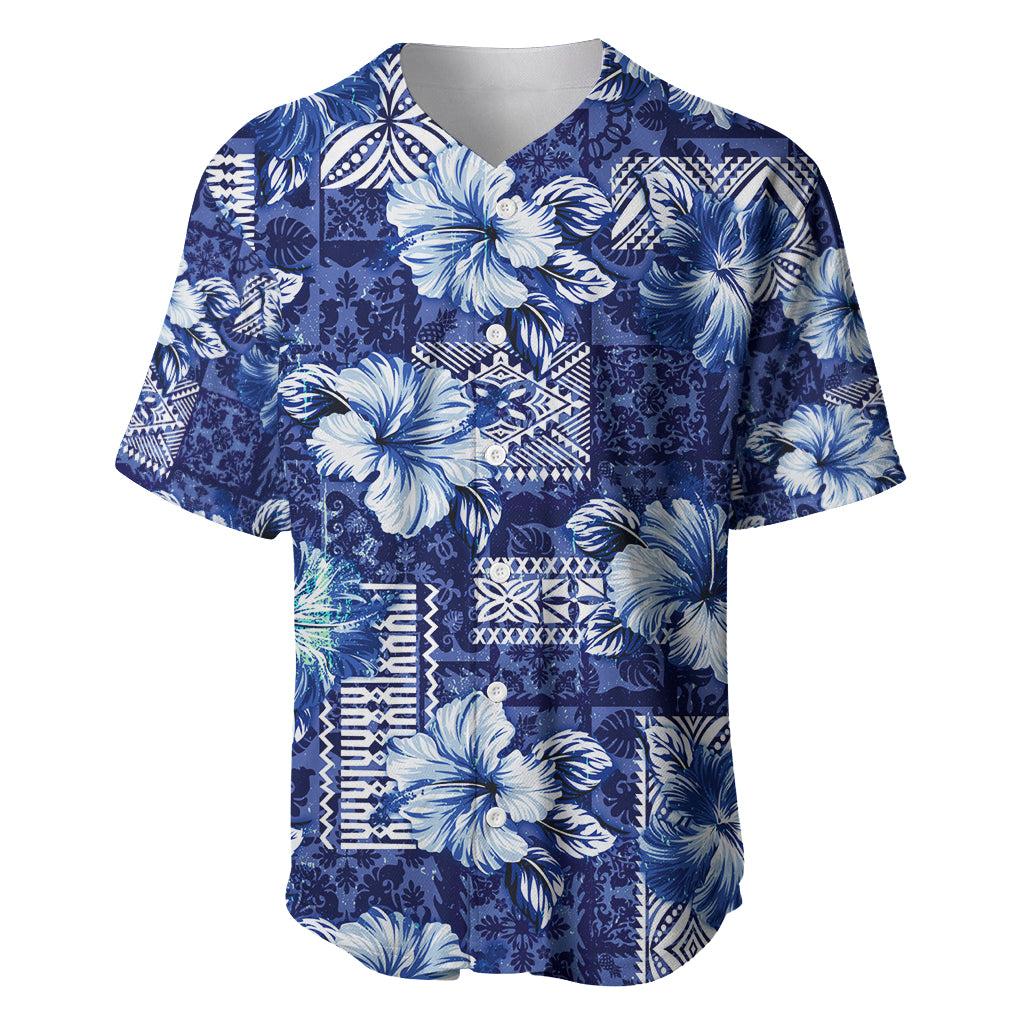 Hawaiian Quilt Pattern Baseball Jersey Hibiscus and Tribal Element Vintage Blue Vibe LT03 Blue - Polynesian Pride