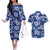 Hawaiian Quilt Pattern Couples Matching Off The Shoulder Long Sleeve Dress and Hawaiian Shirt Hibiscus and Tribal Element Vintage Blue Vibe LT03 Blue - Polynesian Pride