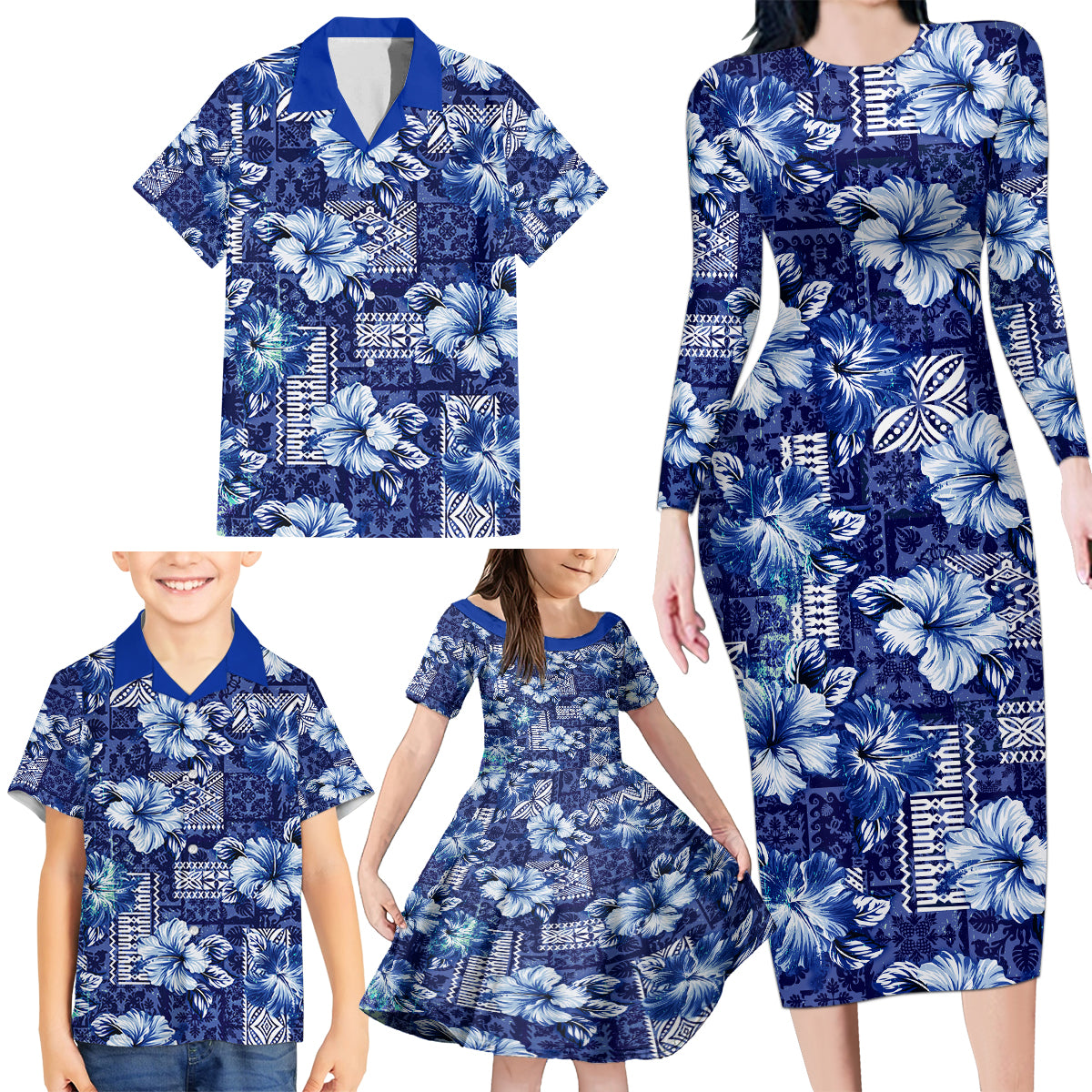 Hawaiian Quilt Pattern Family Matching Long Sleeve Bodycon Dress and Hawaiian Shirt Hibiscus and Tribal Element Vintage Blue Vibe LT03 - Polynesian Pride