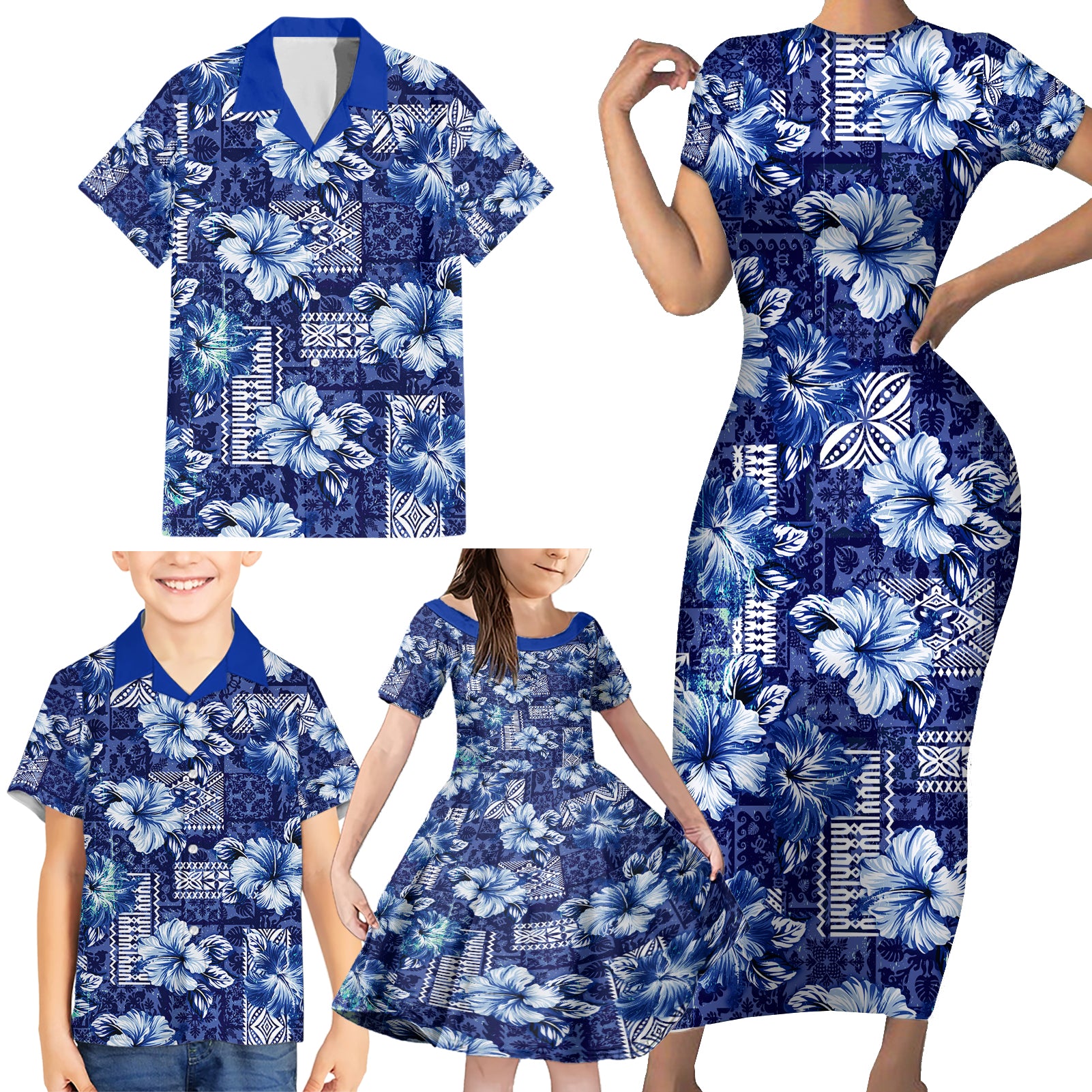 Hawaiian Quilt Pattern Family Matching Short Sleeve Bodycon Dress and Hawaiian Shirt Hibiscus and Tribal Element Vintage Blue Vibe LT03 - Polynesian Pride