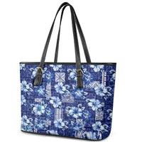 Hawaiian Quilt Pattern Leather Tote Bag Hibiscus and Tribal Element Vintage Blue Vibe LT03 - Polynesian Pride
