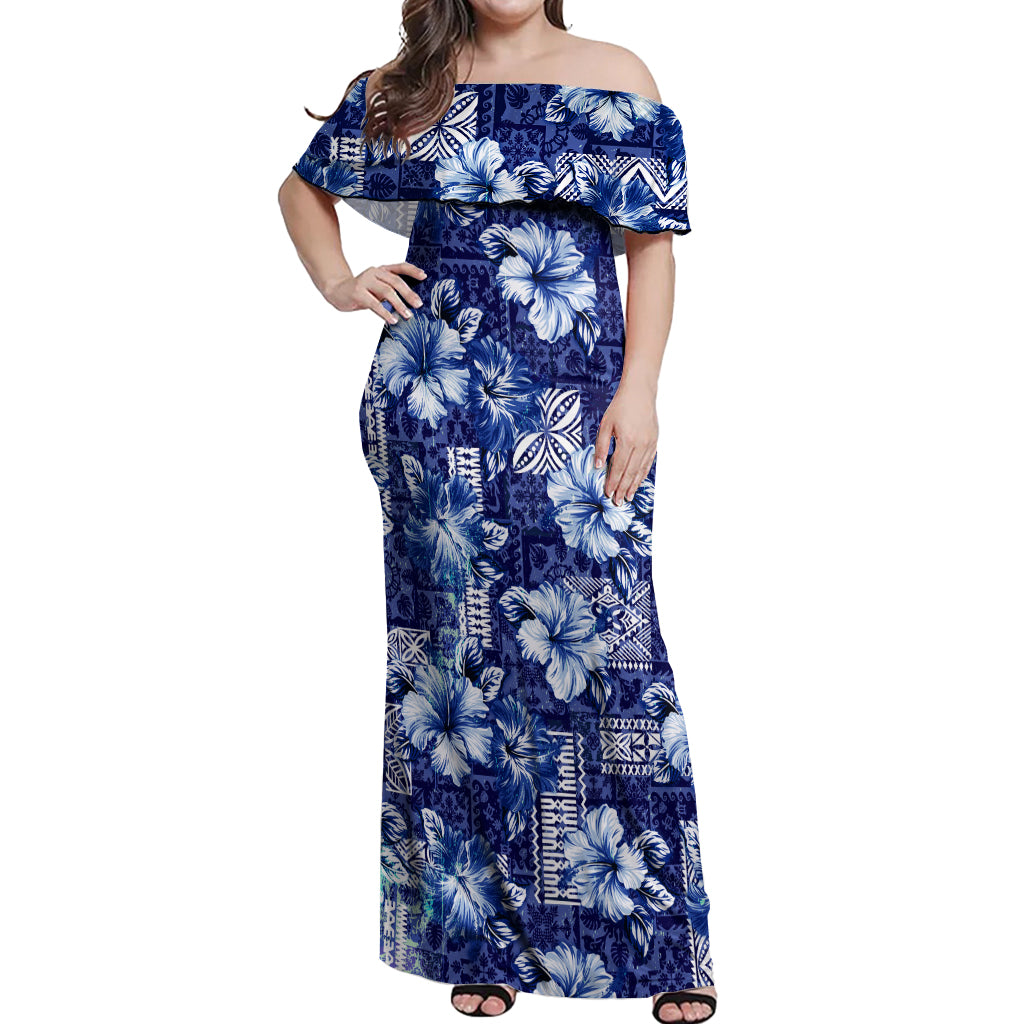 Hawaiian Quilt Pattern Off Shoulder Maxi Dress Hibiscus and Tribal Element Vintage Blue Vibe LT03 Women Blue - Polynesian Pride