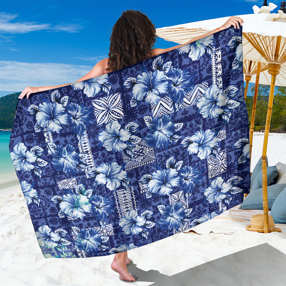 Hawaiian Quilt Pattern Sarong Hibiscus and Tribal Element Vintage Blue Vibe LT03 One Size 44 x 66 inches Blue - Polynesian Pride