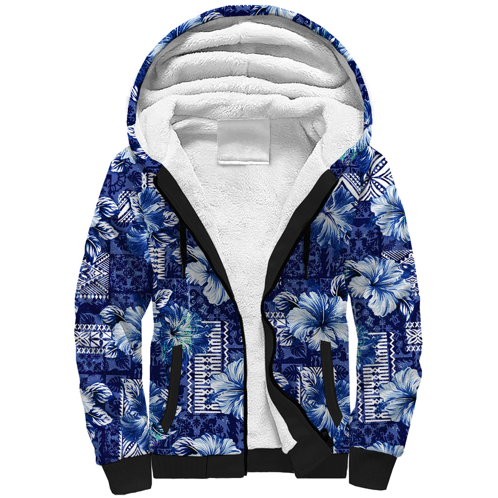 Hawaiian Quilt Pattern Sherpa Hoodie Hibiscus and Tribal Element Vintage Blue Vibe LT03 Unisex Blue - Polynesian Pride