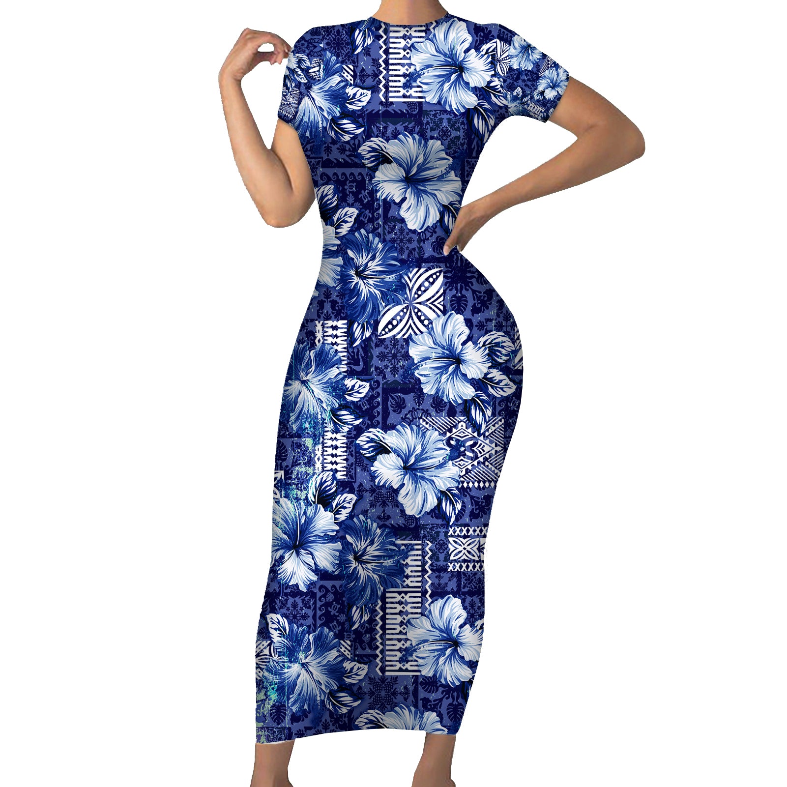 Hawaiian Quilt Pattern Short Sleeve Bodycon Dress Hibiscus and Tribal Element Vintage Blue Vibe LT03 Long Dress Blue - Polynesian Pride