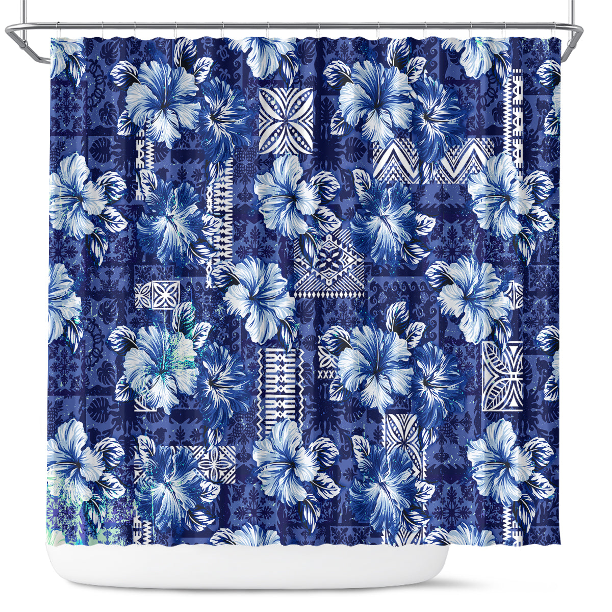 Hawaiian Quilt Pattern Shower Curtain Hibiscus and Tribal Element Vintage Blue Vibe LT03 Blue - Polynesian Pride