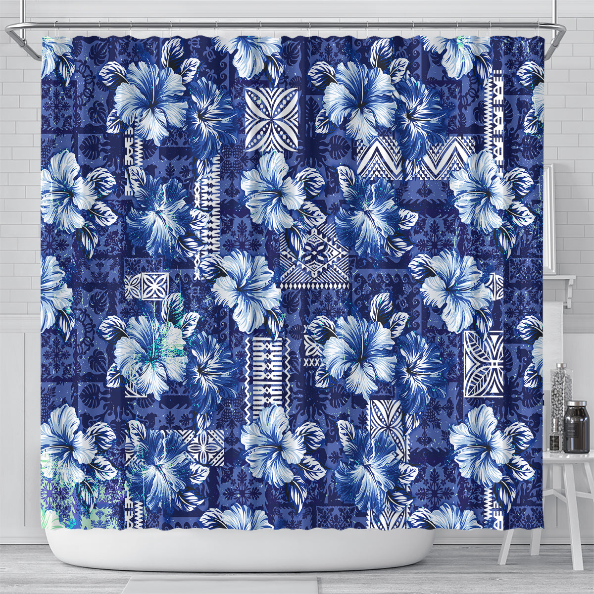 Hawaiian Quilt Pattern Shower Curtain Hibiscus and Tribal Element Vintage Blue Vibe LT03 - Polynesian Pride