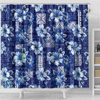 Hawaiian Quilt Pattern Shower Curtain Hibiscus and Tribal Element Vintage Blue Vibe LT03 - Polynesian Pride