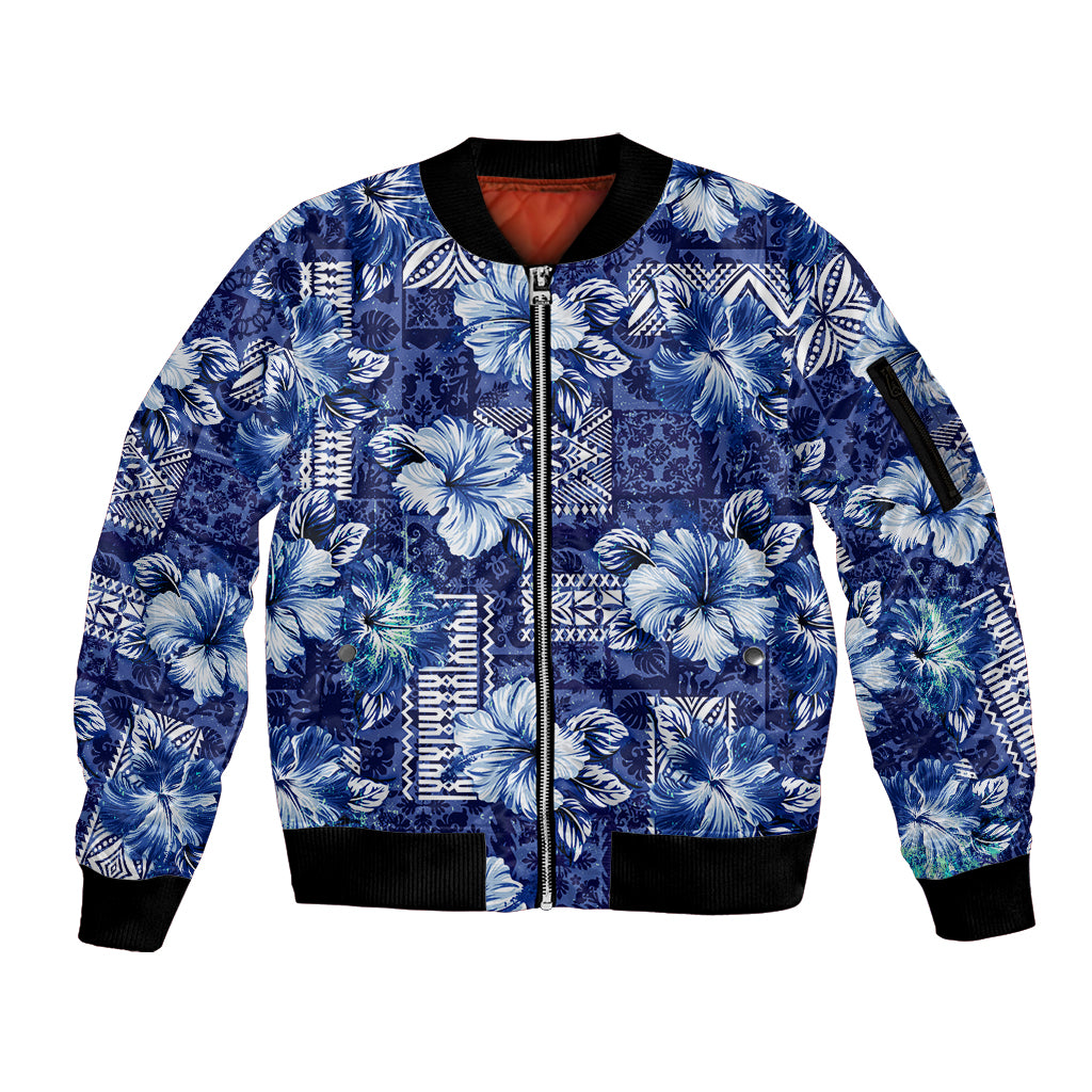 Hawaiian Quilt Pattern Sleeve Zip Bomber Jacket Hibiscus and Tribal Element Vintage Blue Vibe LT03 Unisex Blue - Polynesian Pride