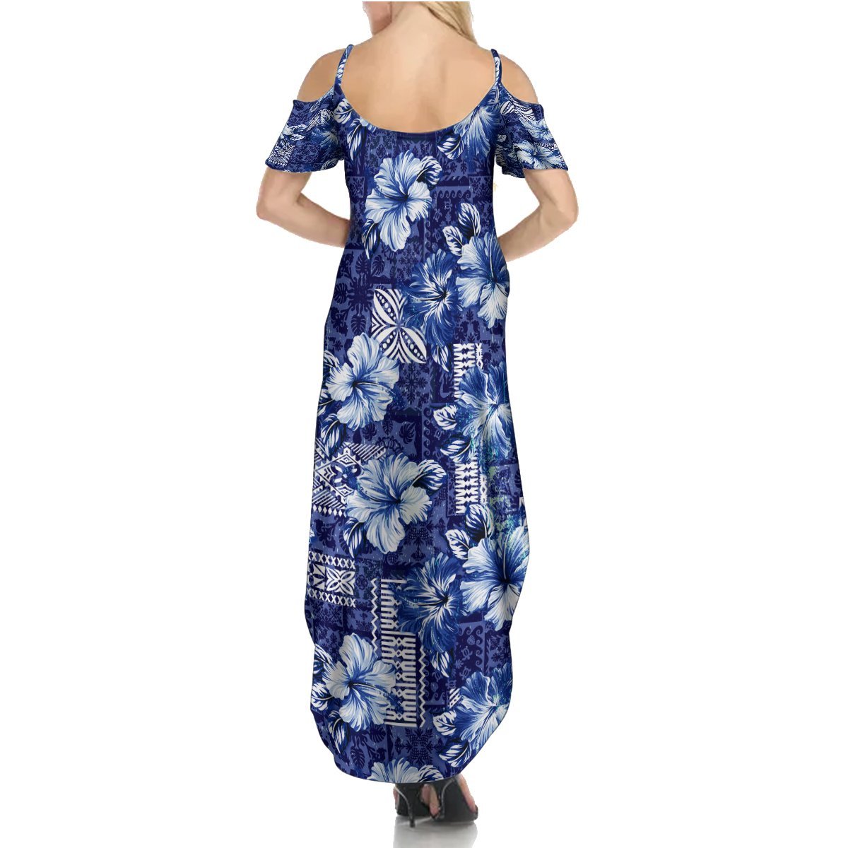Hawaiian Quilt Pattern Summer Maxi Dress Hibiscus and Tribal Element Vintage Blue Vibe LT03 - Polynesian Pride