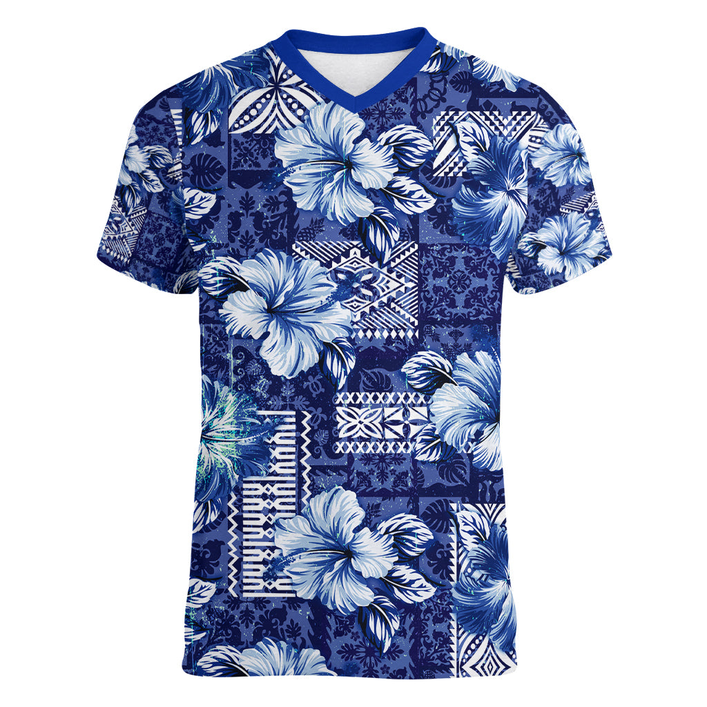 Hawaiian Quilt Pattern Women V Neck T Shirt Hibiscus and Tribal Element Vintage Blue Vibe LT03 Female Blue - Polynesian Pride