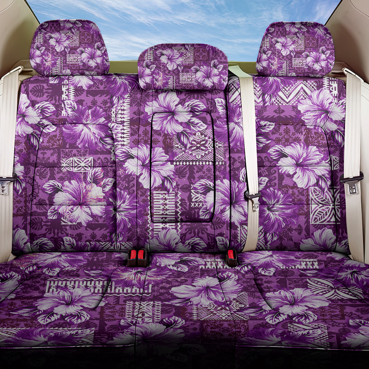 Hawaiian Quilt Pattern Back Car Seat Cover Hibiscus and Tribal Element Vintage Purple Vibe LT03