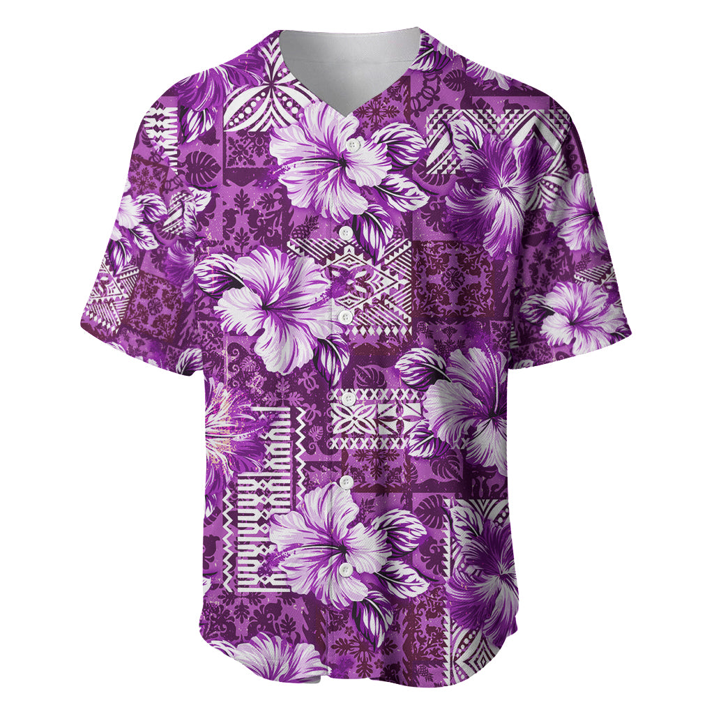 Hawaiian Quilt Pattern Baseball Jersey Hibiscus and Tribal Element Vintage Purple Vibe LT03 Purple - Polynesian Pride