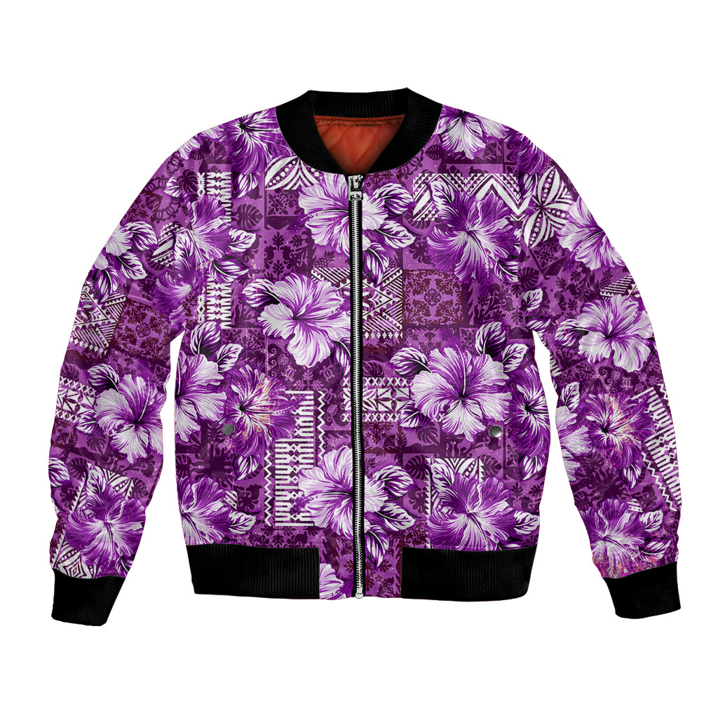 Hawaiian Quilt Pattern Bomber Jacket Hibiscus and Tribal Element Vintage Purple Vibe LT03 Unisex Purple - Polynesian Pride