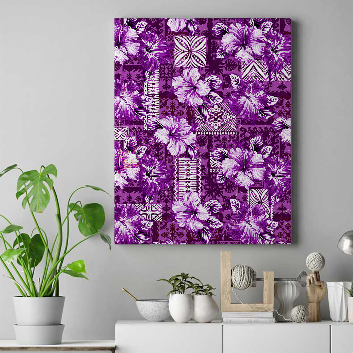 Hawaiian Quilt Pattern Canvas Wall Art Hibiscus and Tribal Element Vintage Purple Vibe LT03 Purple - Polynesian Pride