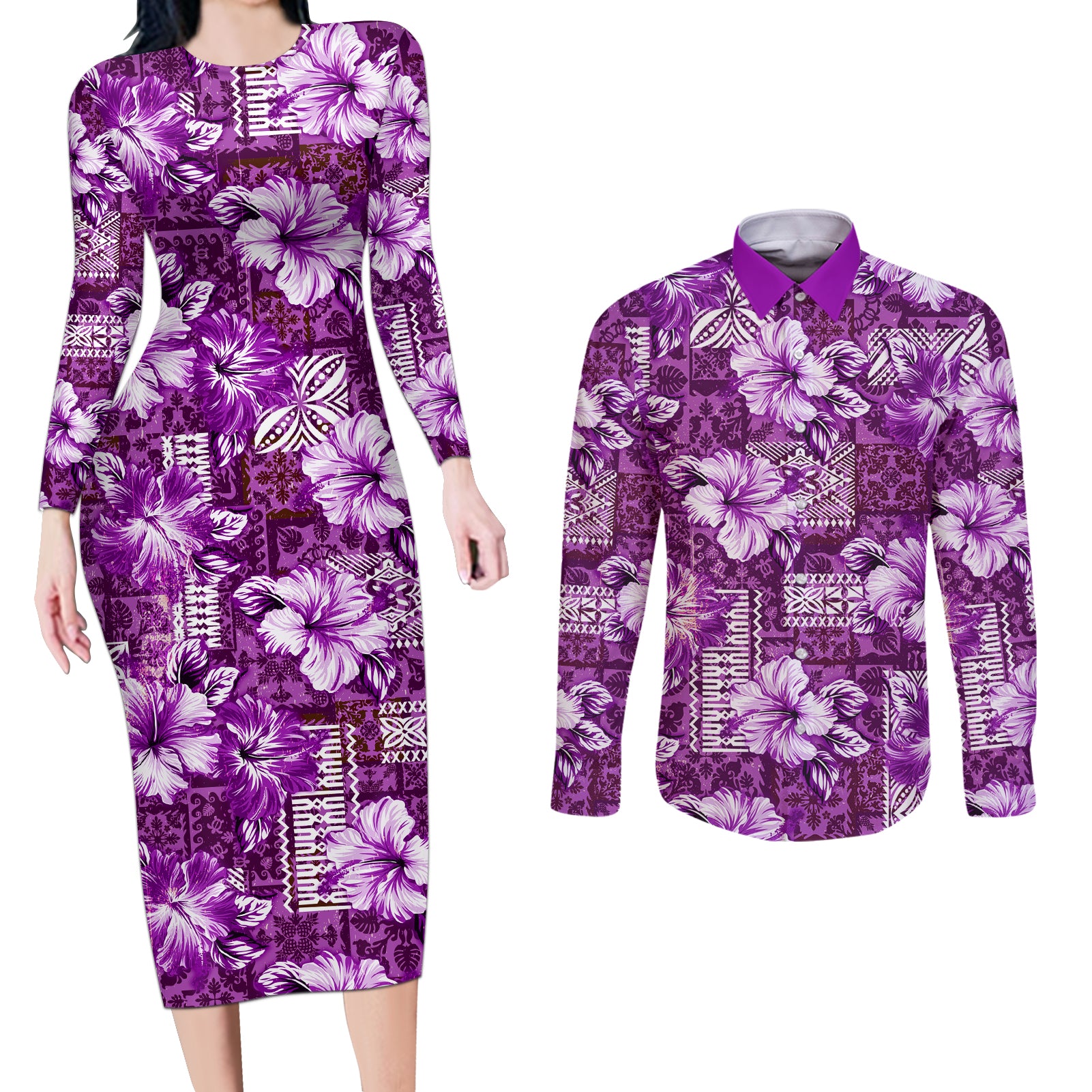 Hawaiian Quilt Pattern Couples Matching Long Sleeve Bodycon Dress and Long Sleeve Button Shirt Hibiscus and Tribal Element Vintage Purple Vibe LT03 Purple - Polynesian Pride