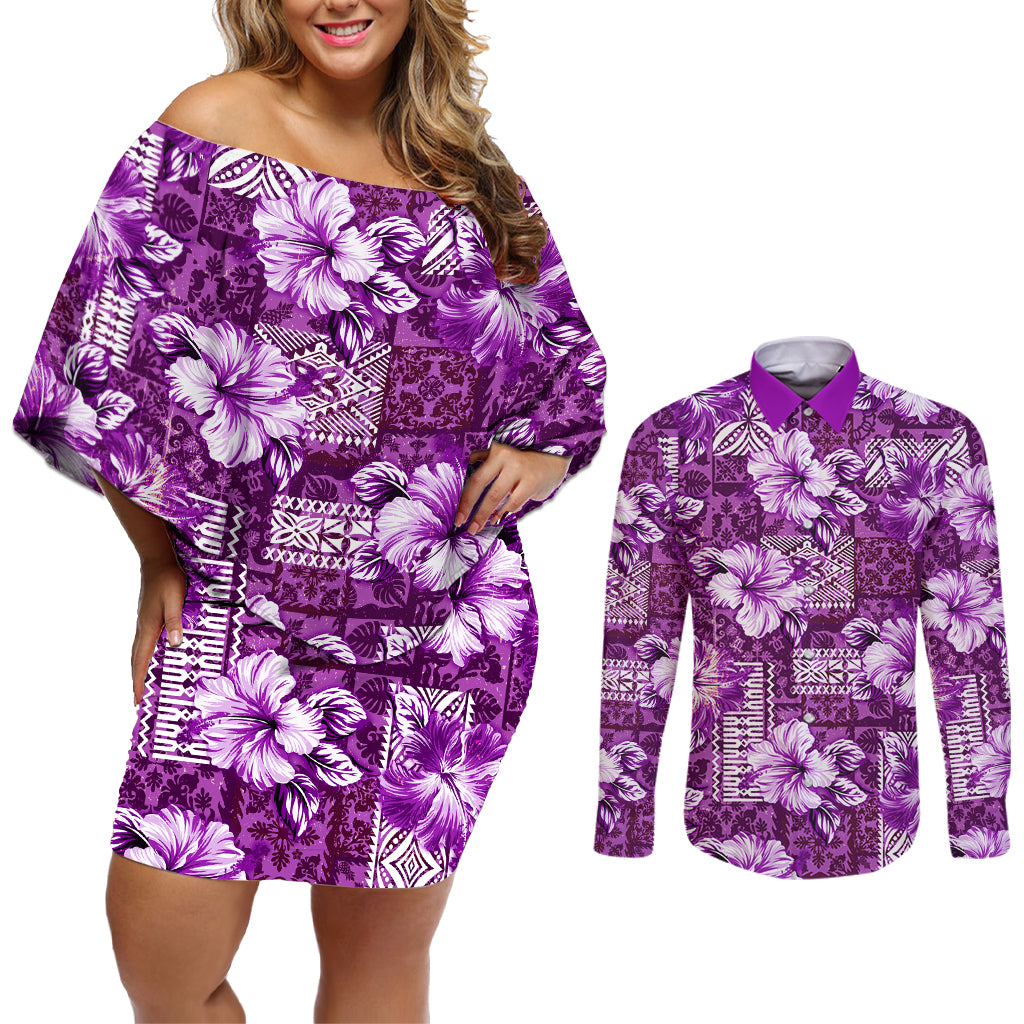 Hawaiian Quilt Pattern Couples Matching Off Shoulder Short Dress and Long Sleeve Button Shirt Hibiscus and Tribal Element Vintage Purple Vibe LT03 Purple - Polynesian Pride