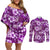 Hawaiian Quilt Pattern Couples Matching Off Shoulder Short Dress and Long Sleeve Button Shirt Hibiscus and Tribal Element Vintage Purple Vibe LT03 Purple - Polynesian Pride