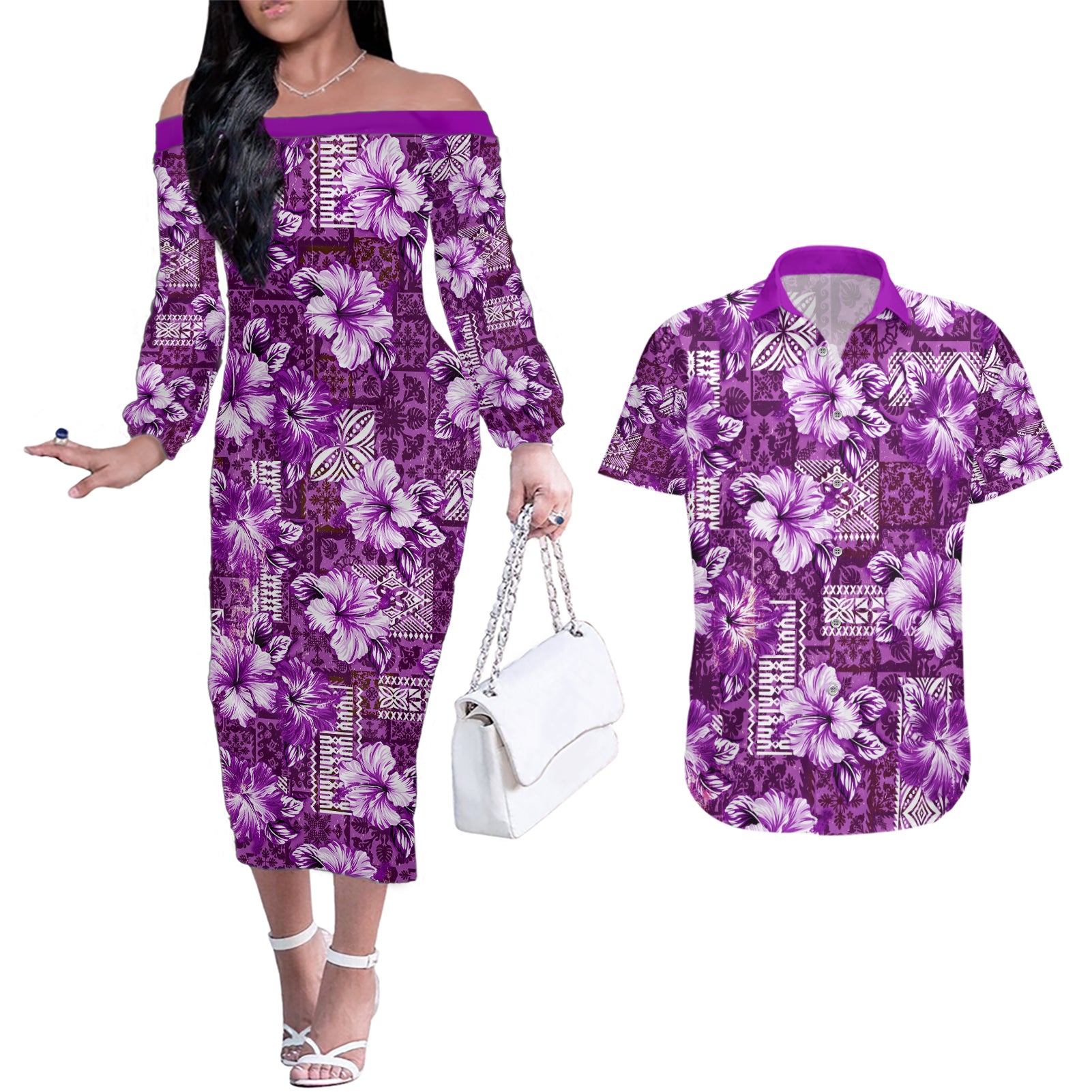 Hawaiian Quilt Pattern Couples Matching Off The Shoulder Long Sleeve Dress and Hawaiian Shirt Hibiscus and Tribal Element Vintage Purple Vibe LT03 Purple - Polynesian Pride