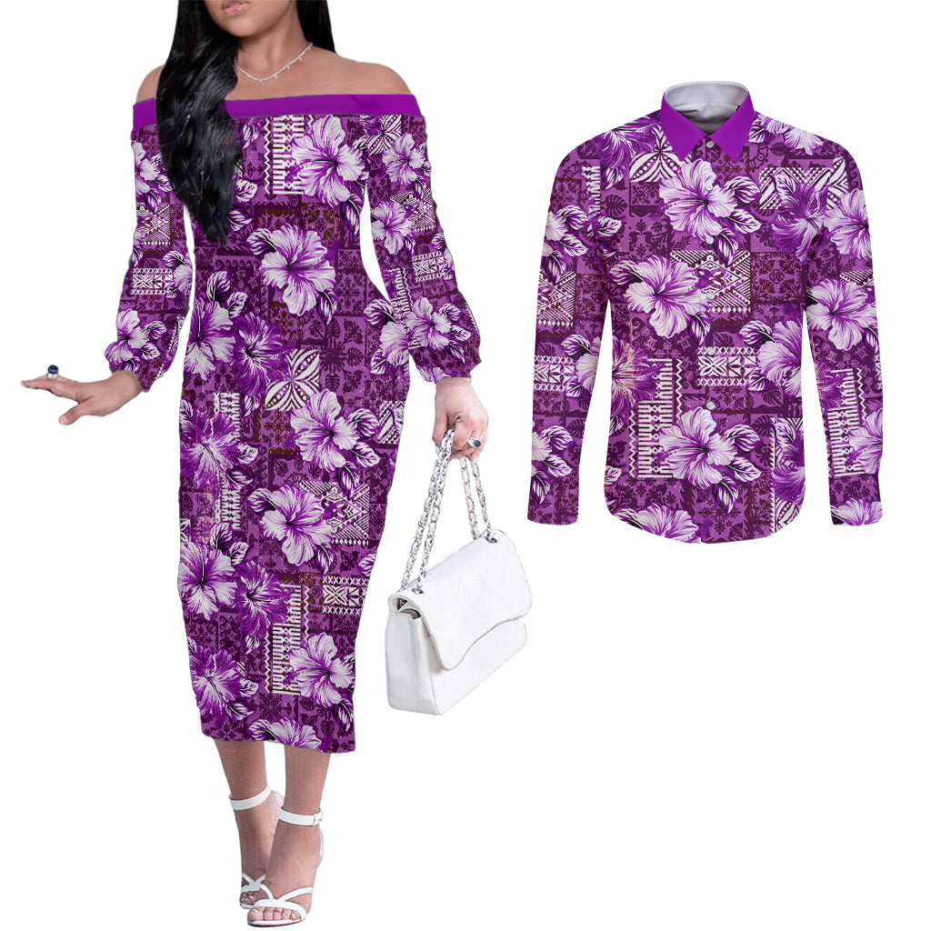 Hawaiian Quilt Pattern Couples Matching Off The Shoulder Long Sleeve Dress and Long Sleeve Button Shirt Hibiscus and Tribal Element Vintage Purple Vibe LT03 Purple - Polynesian Pride