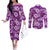 Hawaiian Quilt Pattern Couples Matching Off The Shoulder Long Sleeve Dress and Long Sleeve Button Shirt Hibiscus and Tribal Element Vintage Purple Vibe LT03 Purple - Polynesian Pride