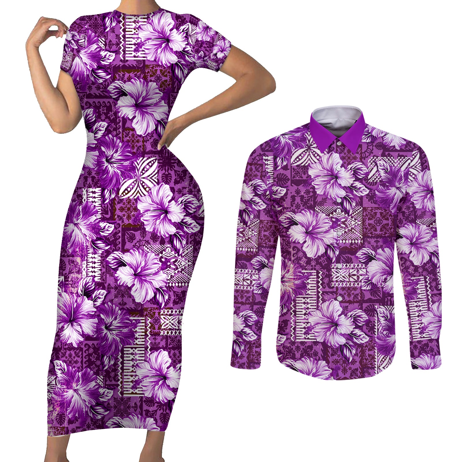 Hawaiian Quilt Pattern Couples Matching Short Sleeve Bodycon Dress and Long Sleeve Button Shirt Hibiscus and Tribal Element Vintage Purple Vibe LT03 Purple - Polynesian Pride