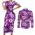 Hawaiian Quilt Pattern Couples Matching Short Sleeve Bodycon Dress and Long Sleeve Button Shirt Hibiscus and Tribal Element Vintage Purple Vibe LT03 Purple - Polynesian Pride