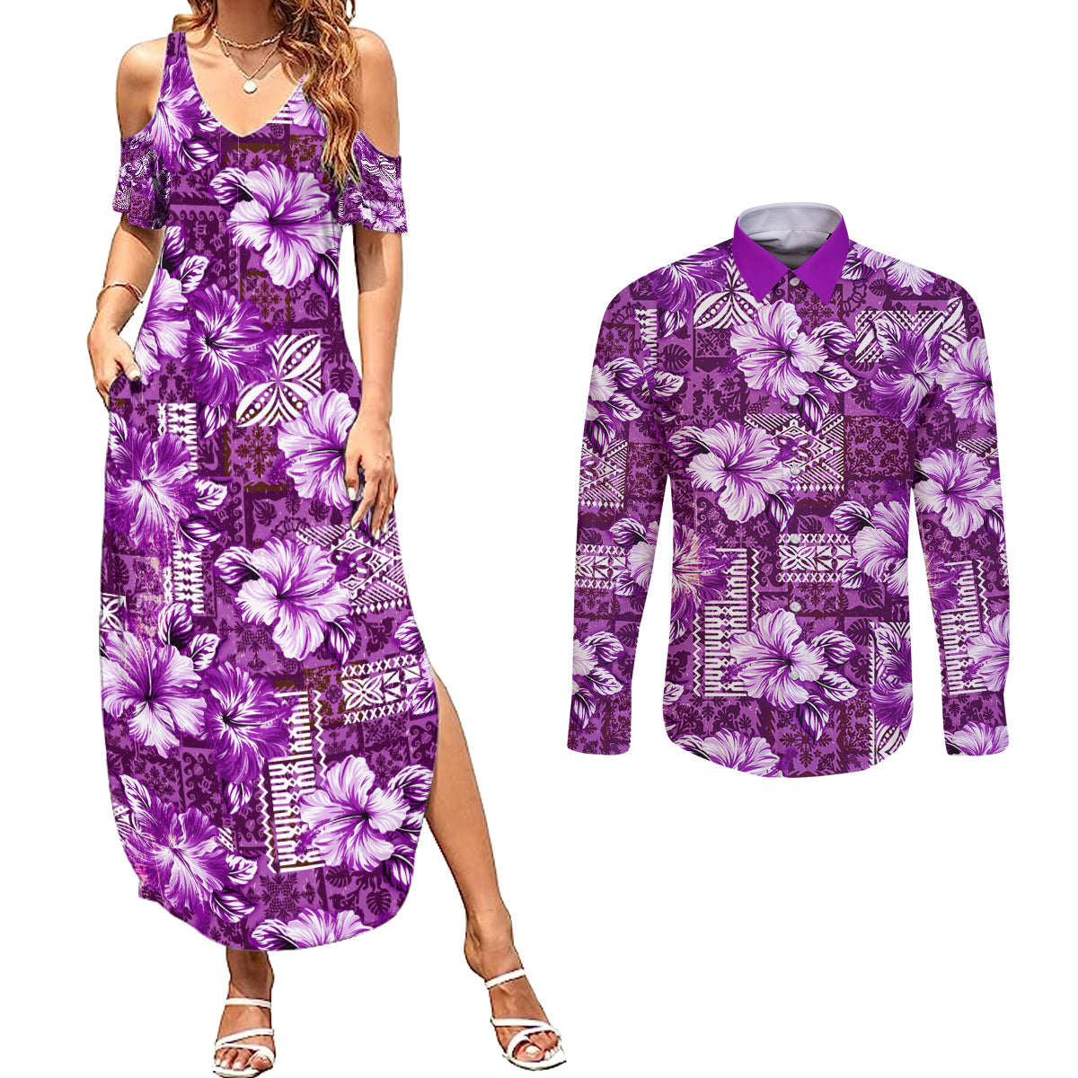 Hawaiian Quilt Pattern Couples Matching Summer Maxi Dress and Long Sleeve Button Shirt Hibiscus and Tribal Element Vintage Purple Vibe LT03 Purple - Polynesian Pride