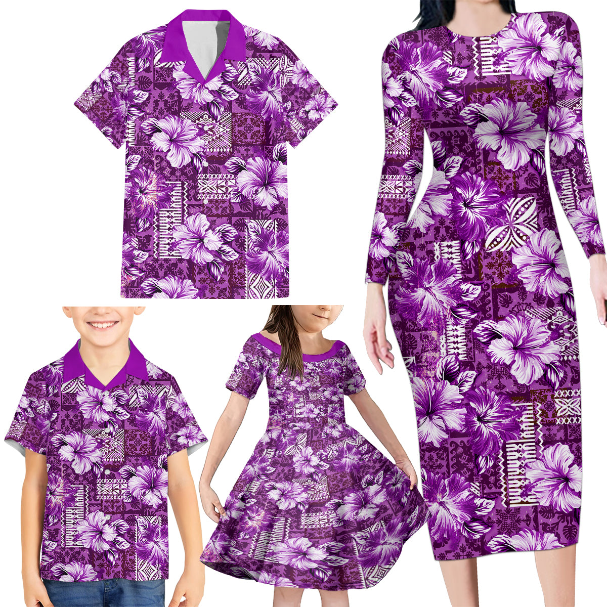 Hawaiian Quilt Pattern Family Matching Long Sleeve Bodycon Dress and Hawaiian Shirt Hibiscus and Tribal Element Vintage Purple Vibe LT03 - Polynesian Pride