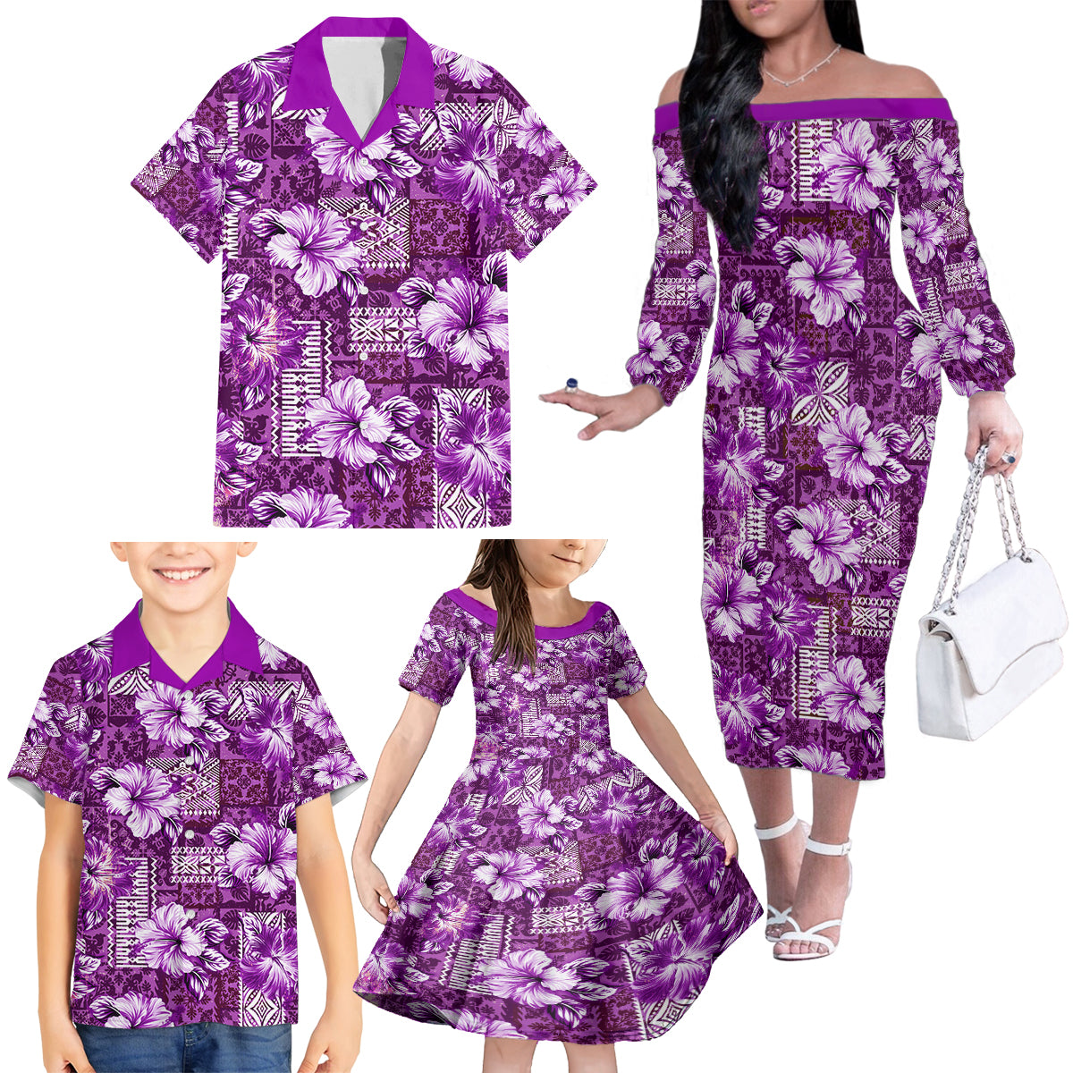 Hawaiian Quilt Pattern Family Matching Off Shoulder Long Sleeve Dress and Hawaiian Shirt Hibiscus and Tribal Element Vintage Purple Vibe LT03 - Polynesian Pride