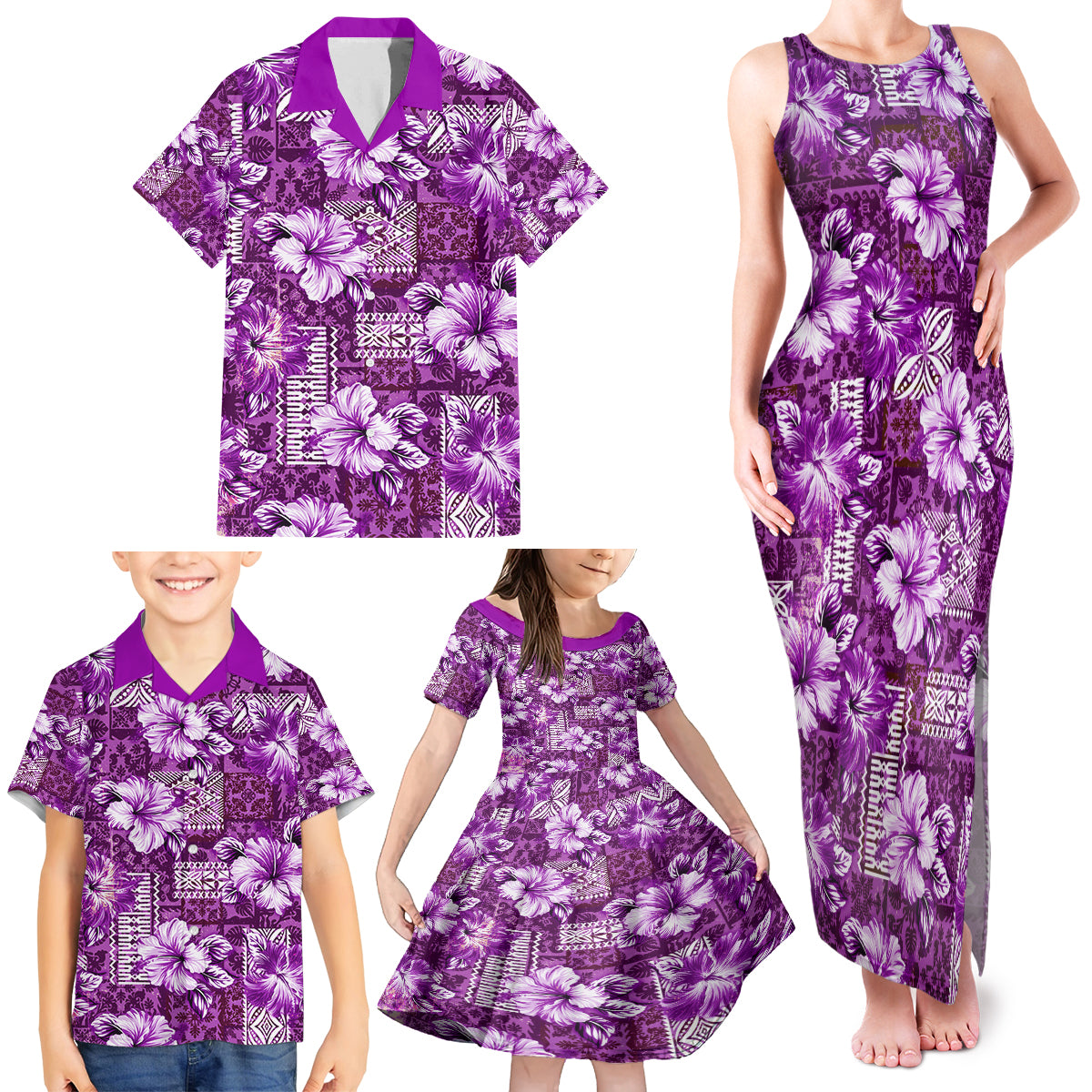 Hawaiian Quilt Pattern Family Matching Tank Maxi Dress and Hawaiian Shirt Hibiscus and Tribal Element Vintage Purple Vibe LT03 - Polynesian Pride