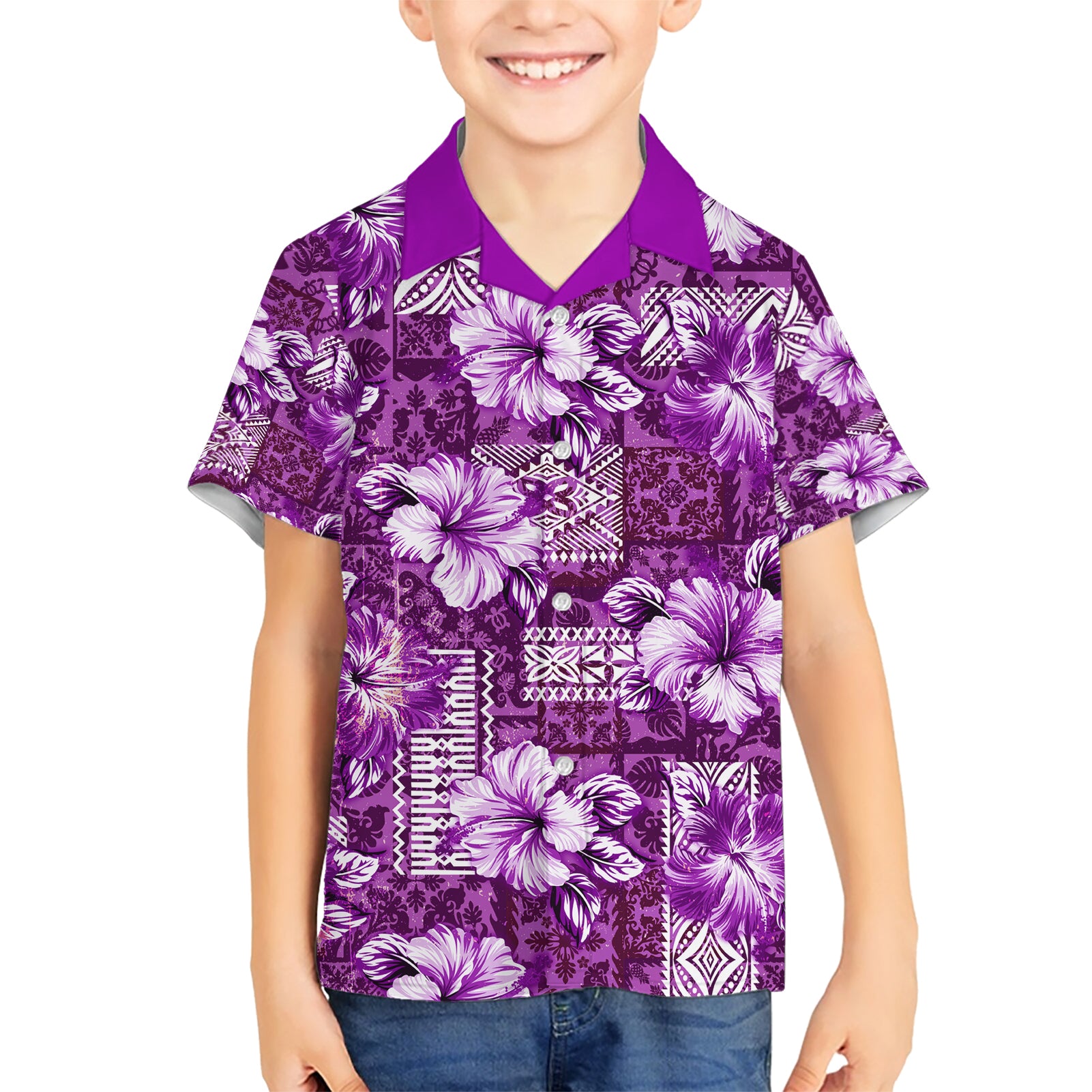 Hawaiian Quilt Pattern Kid Hawaiian Shirt Hibiscus and Tribal Element Vintage Purple Vibe LT03 Kid Purple - Polynesian Pride