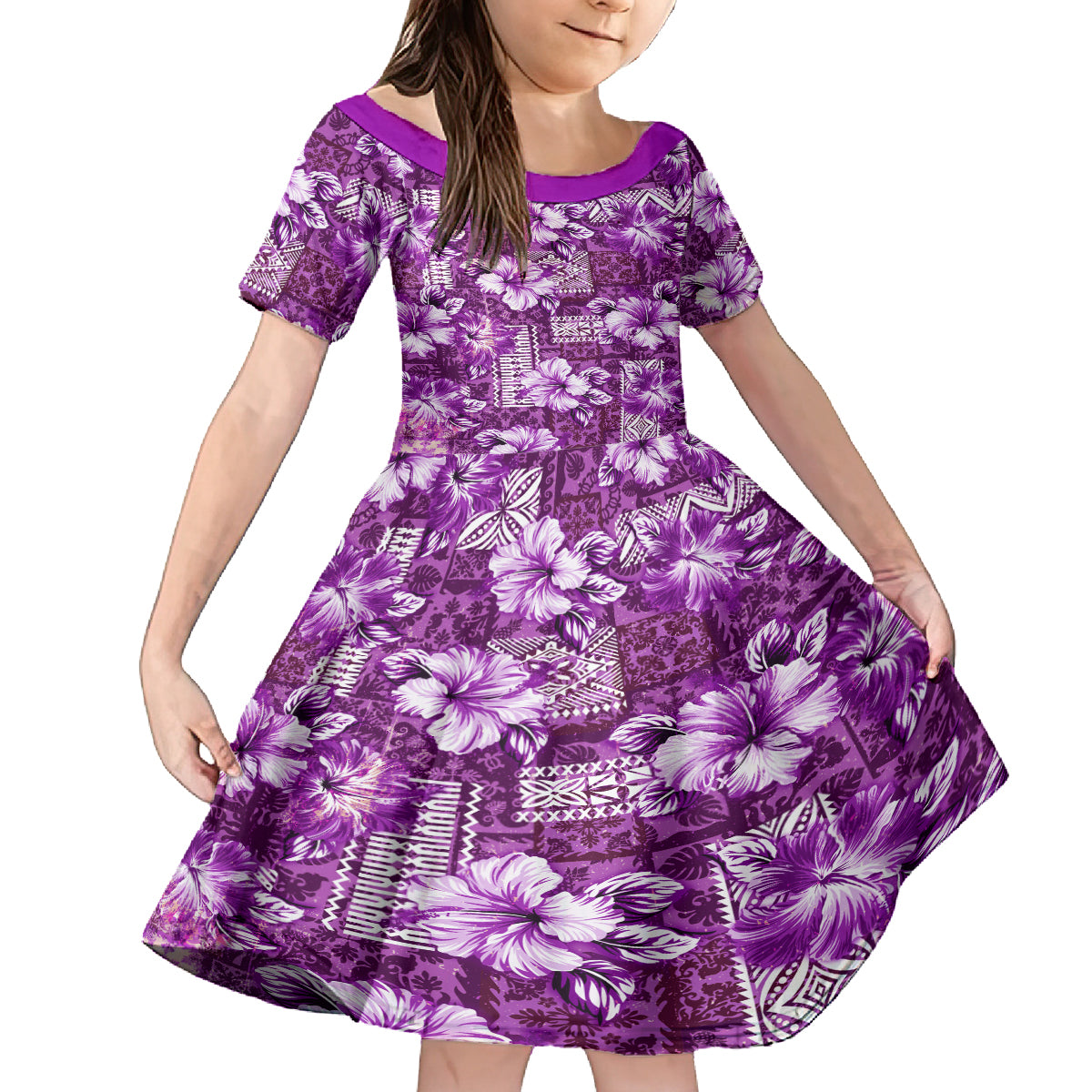 Hawaiian Quilt Pattern Kid Short Sleeve Dress Hibiscus and Tribal Element Vintage Purple Vibe LT03 KID Purple - Polynesian Pride