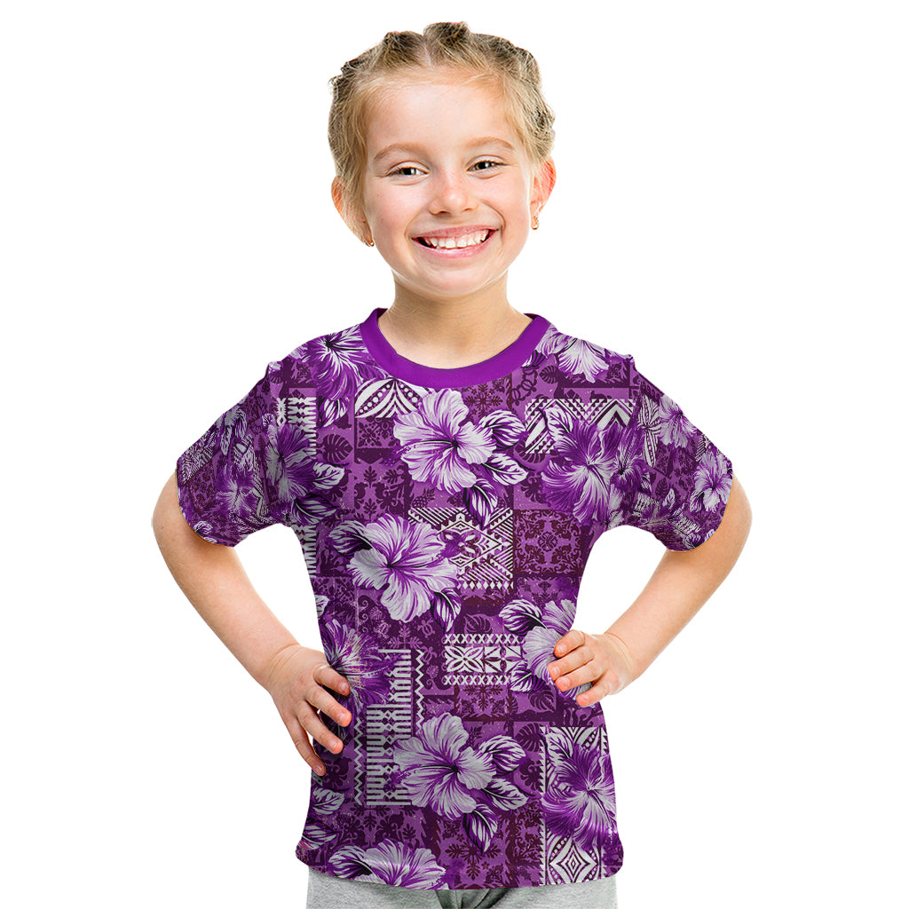 Hawaiian Quilt Pattern Kid T Shirt Hibiscus and Tribal Element Vintage Purple Vibe LT03 Purple - Polynesian Pride