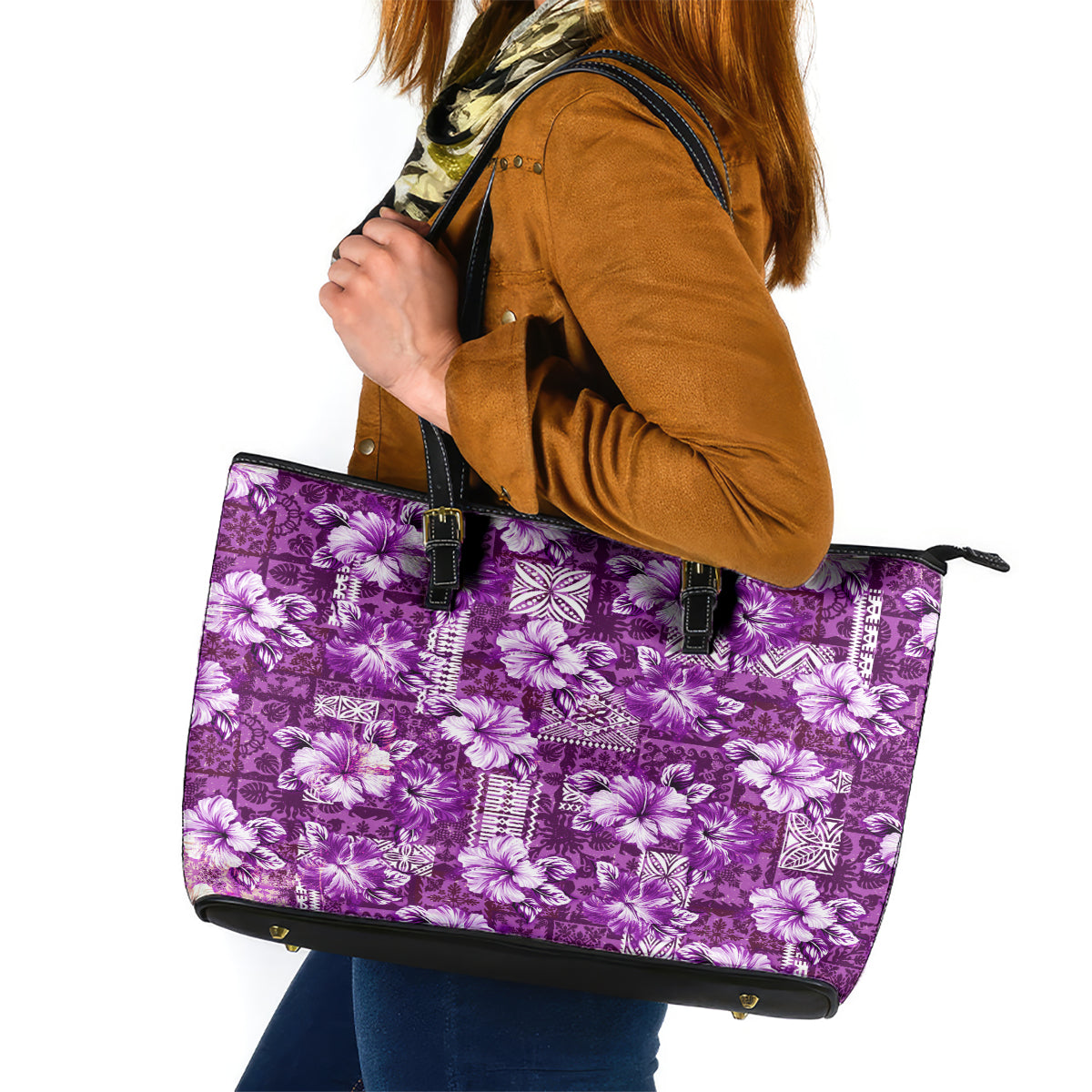 Hawaiian Quilt Pattern Leather Tote Bag Hibiscus and Tribal Element Vintage Purple Vibe LT03 Purple - Polynesian Pride