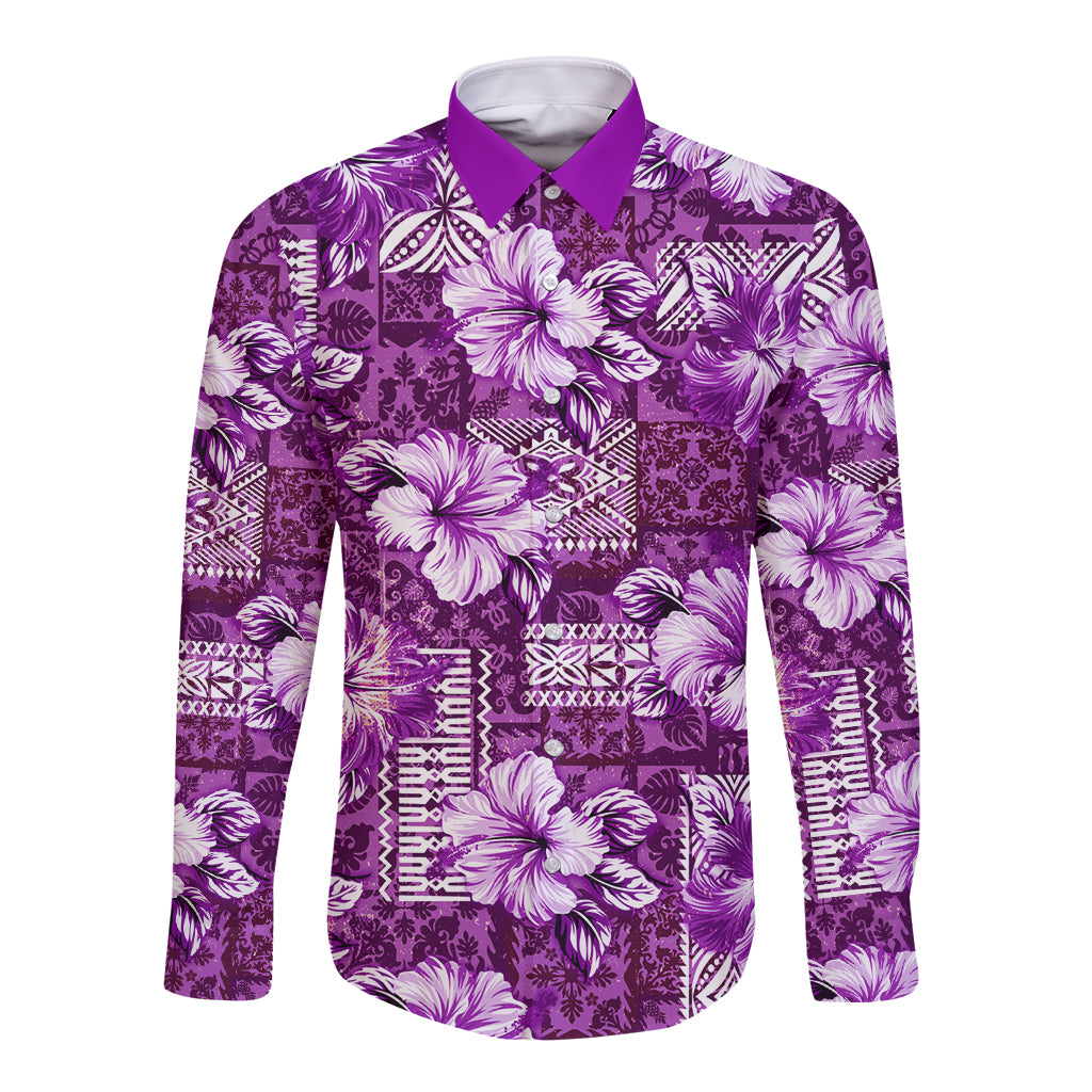 Hawaiian Quilt Pattern Long Sleeve Button Shirt Hibiscus and Tribal Element Vintage Purple Vibe LT03 Unisex Purple - Polynesian Pride