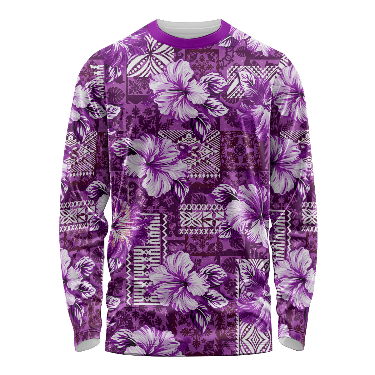 Hawaiian Quilt Pattern Long Sleeve Shirt Hibiscus and Tribal Element Vintage Purple Vibe LT03 Unisex Purple - Polynesian Pride