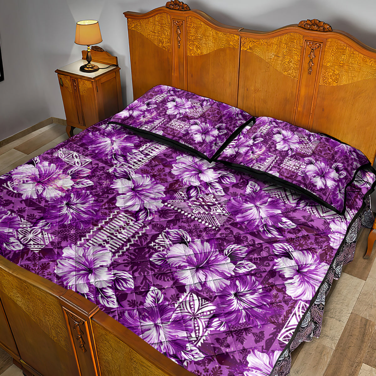 Hawaiian Quilt Pattern Quilt Bed Set Hibiscus and Tribal Element Vintage Purple Vibe LT03 - Polynesian Pride