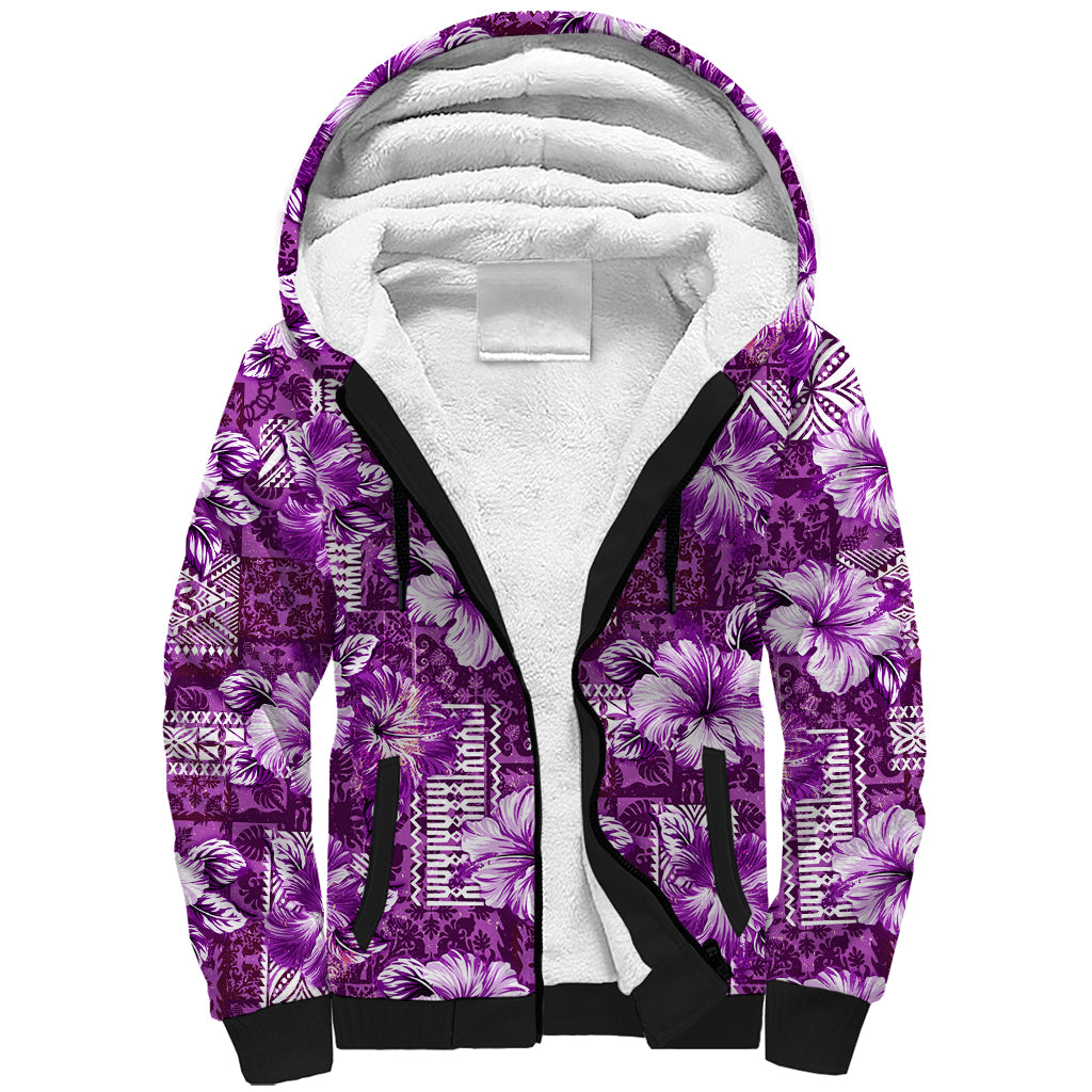 Hawaiian Quilt Pattern Sherpa Hoodie Hibiscus and Tribal Element Vintage Purple Vibe LT03 Unisex Purple - Polynesian Pride