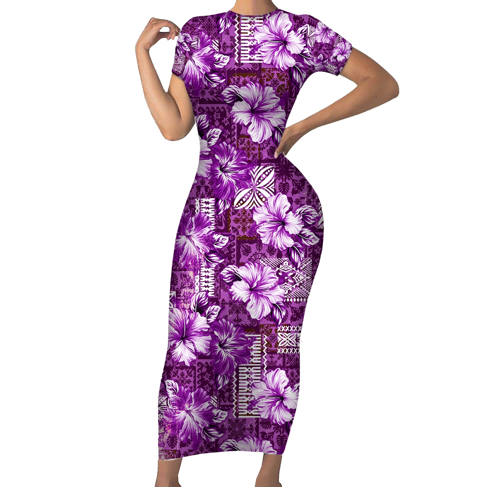 Hawaiian Quilt Pattern Short Sleeve Bodycon Dress Hibiscus and Tribal Element Vintage Purple Vibe LT03 Long Dress Purple - Polynesian Pride