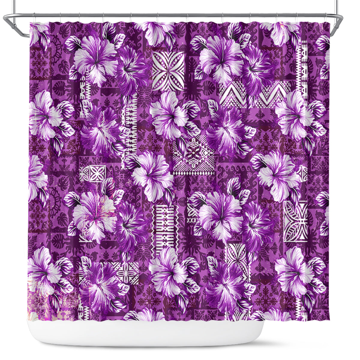 Hawaiian Quilt Pattern Shower Curtain Hibiscus and Tribal Element Vintage Purple Vibe LT03 Purple - Polynesian Pride