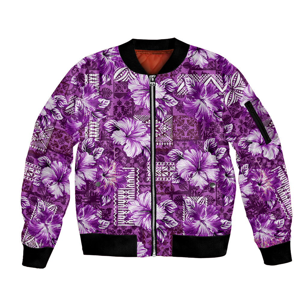 Hawaiian Quilt Pattern Sleeve Zip Bomber Jacket Hibiscus and Tribal Element Vintage Purple Vibe LT03 Unisex Purple - Polynesian Pride