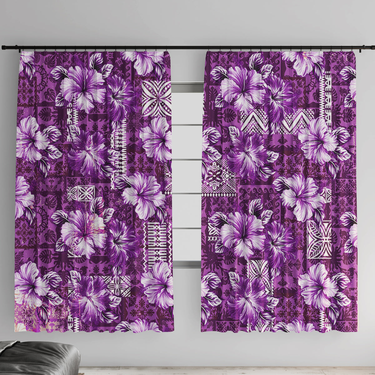 Hawaiian Quilt Pattern Window Curtain Hibiscus and Tribal Element Vintage Purple Vibe LT03 With Hooks Purple - Polynesian Pride