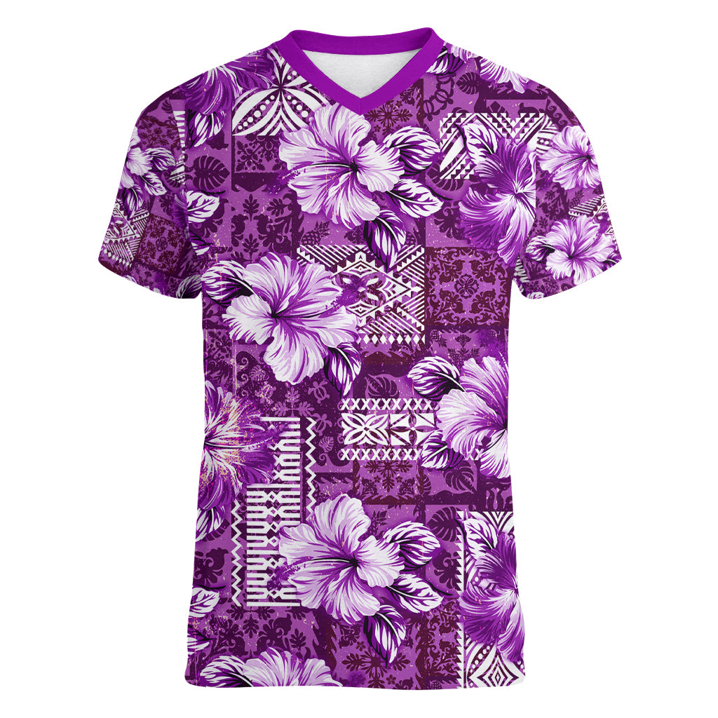 Hawaiian Quilt Pattern Women V Neck T Shirt Hibiscus and Tribal Element Vintage Purple Vibe LT03 Female Purple - Polynesian Pride