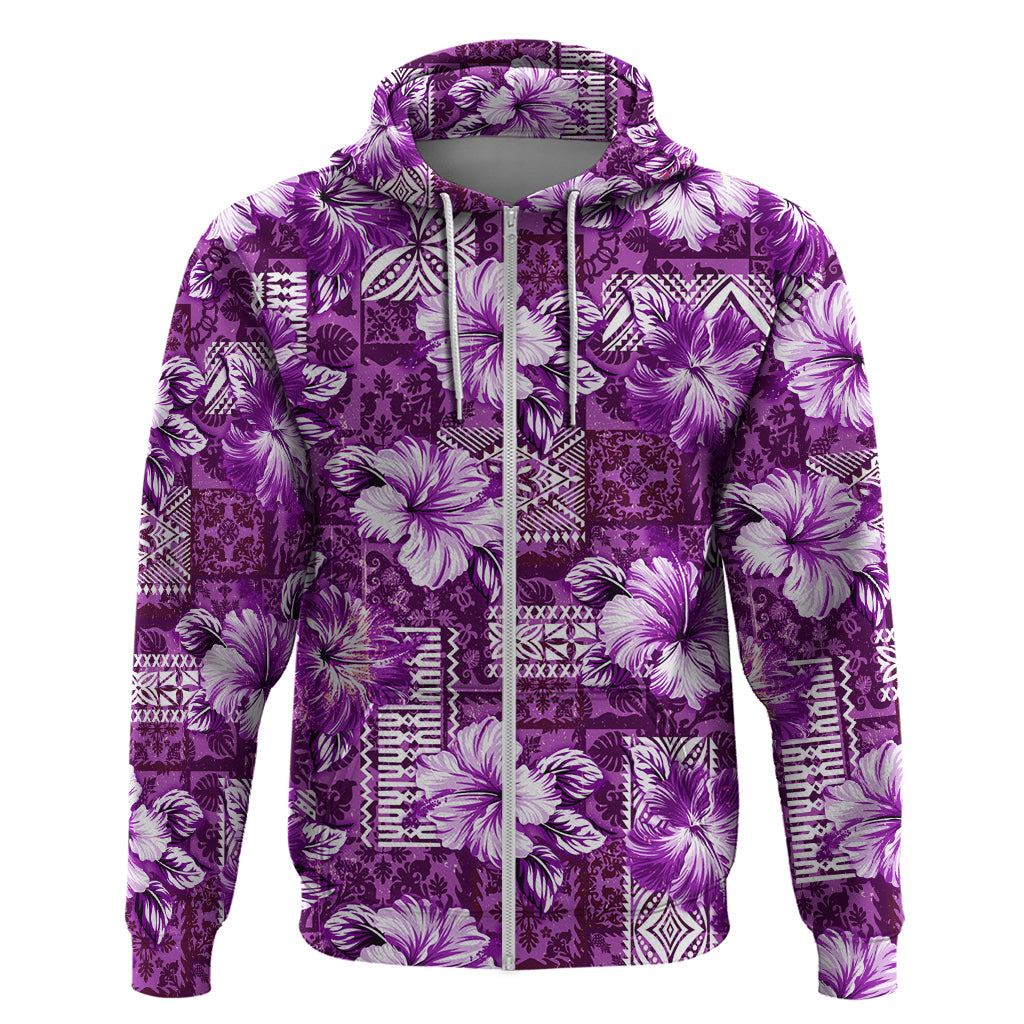 Hawaiian Quilt Pattern Zip Hoodie Hibiscus and Tribal Element Vintage Purple Vibe LT03 Zip Hoodie Purple - Polynesian Pride